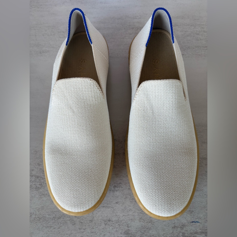 Rothy's Cream Knit Slip-On Sneakers with Blue Heel Tab